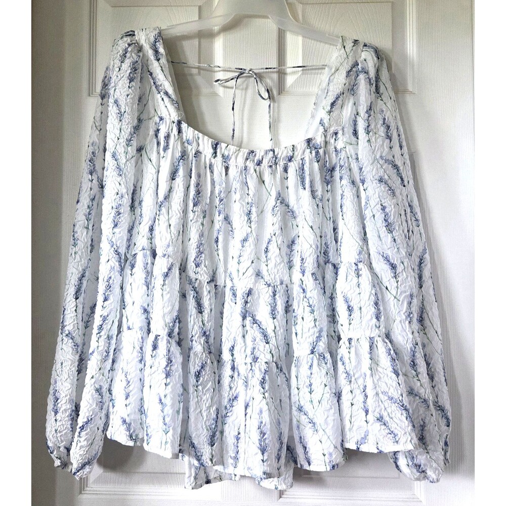 ARULA White & Lavender Floral Plisse Blouse Cottagecore Women's Size B (2X) NWT